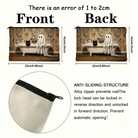 Gothic Halloween Ghost and Cat in Bathtub Travel Makeup Bag Double Sided Printed - Picture 2 of 2